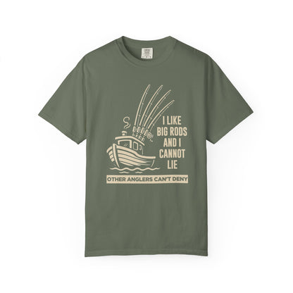 Fishing T-Shirt — "I Like Big Rods and I Cannot Lie" Graphic Tee for Anglers