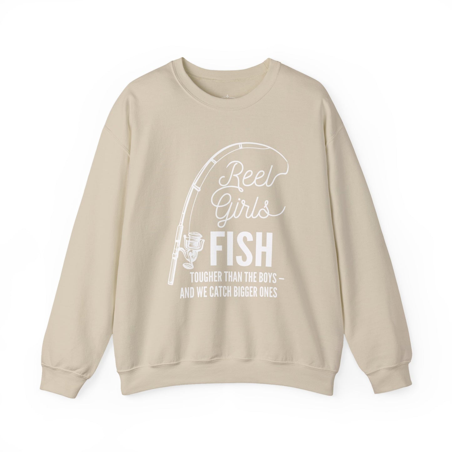 Fishing Sweatshirt — "Reel Girls Fish: Tougher Than the Boys" Crewneck for Women Anglers