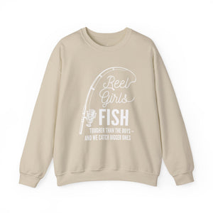Fishing Sweatshirt — "Reel Girls Fish: Tougher Than the Boys" Crewneck for Women Anglers thumbnail 1