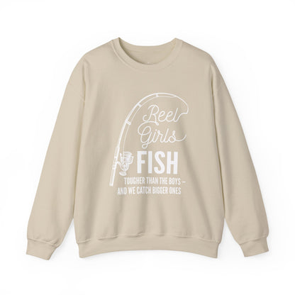 Fishing Sweatshirt — "Reel Girls Fish: Tougher Than the Boys" Crewneck for Women Anglers