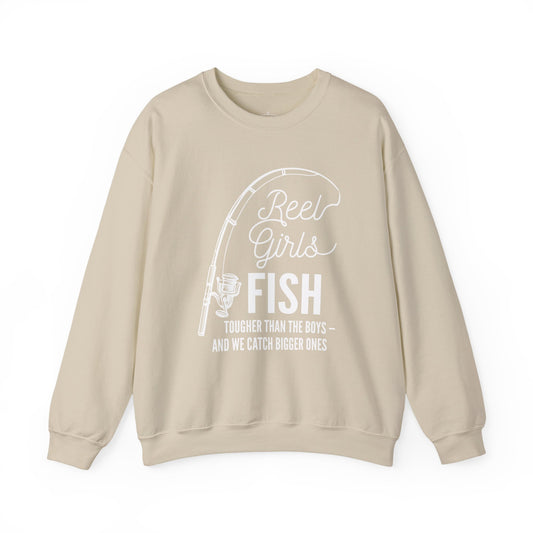 Fishing Sweatshirt — "Reel Girls Fish: Tougher Than the Boys" Crewneck for Women Anglers