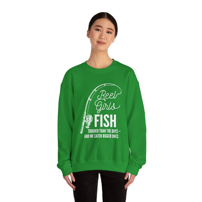 Fishing Sweatshirt — "Reel Girls Fish: Tougher Than the Boys" Crewneck for Women Anglers