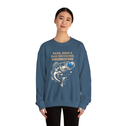 Sweatshirt — "Bass, Beer & Bad Decisions" Fishing Graphic Crewneck