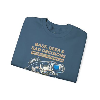 Sweatshirt — "Bass, Beer & Bad Decisions" Fishing Graphic Crewneck