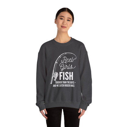 Fishing Sweatshirt — "Reel Girls Fish: Tougher Than the Boys" Crewneck for Women Anglers