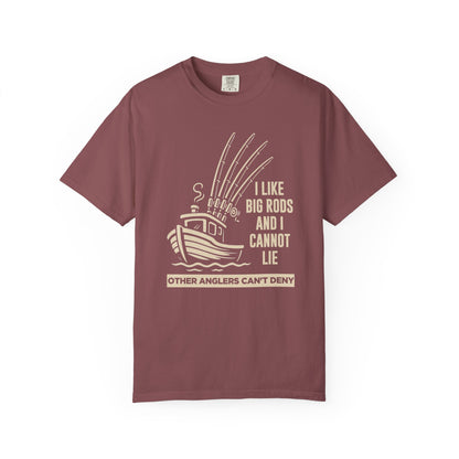 Fishing T-Shirt — "I Like Big Rods and I Cannot Lie" Graphic Tee for Anglers
