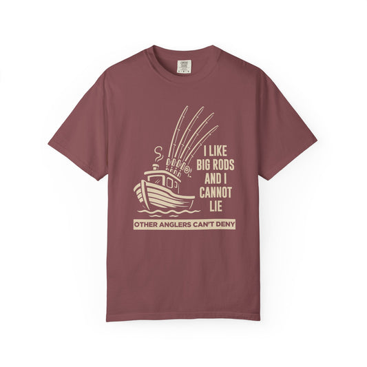 Fishing T-Shirt — "I Like Big Rods and I Cannot Lie" Graphic Tee for Anglers