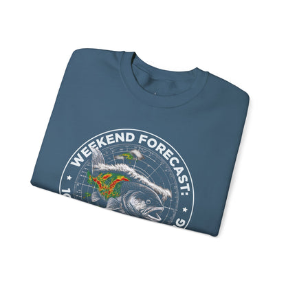 Fishing Crewneck Sweatshirt — “Weekend Forecast: 100% Chance of Fishing” Graphic