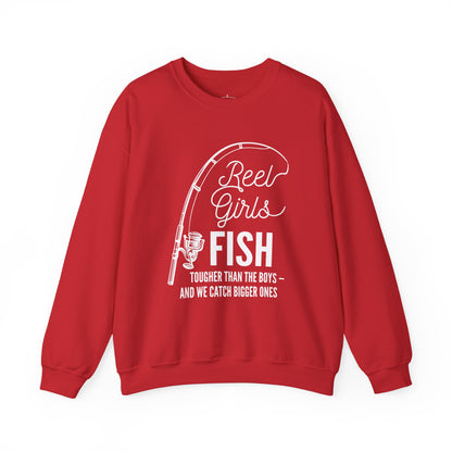Fishing Sweatshirt — "Reel Girls Fish: Tougher Than the Boys" Crewneck for Women Anglers