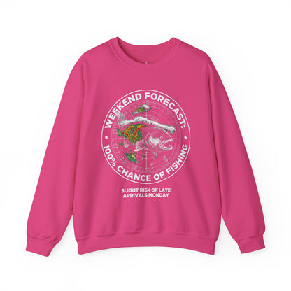 Fishing Crewneck Sweatshirt — “Weekend Forecast: 100% Chance of Fishing” Graphic