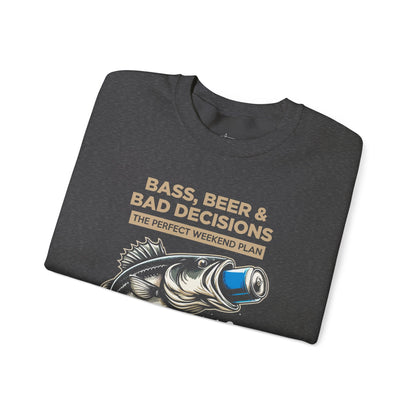 Sweatshirt — "Bass, Beer & Bad Decisions" Fishing Graphic Crewneck