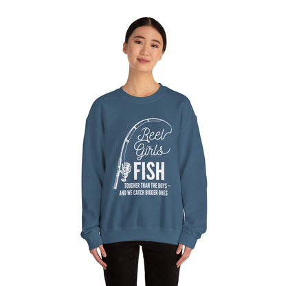 Fishing Sweatshirt — "Reel Girls Fish: Tougher Than the Boys" Crewneck for Women Anglers