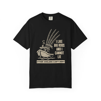 Fishing T-Shirt — "I Like Big Rods and I Cannot Lie" Graphic Tee for Anglers