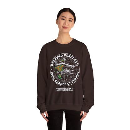 Fishing Crewneck Sweatshirt — “Weekend Forecast: 100% Chance of Fishing” Graphic