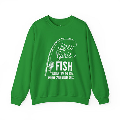 Fishing Sweatshirt — "Reel Girls Fish: Tougher Than the Boys" Crewneck for Women Anglers