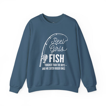 Fishing Sweatshirt — "Reel Girls Fish: Tougher Than the Boys" Crewneck for Women Anglers