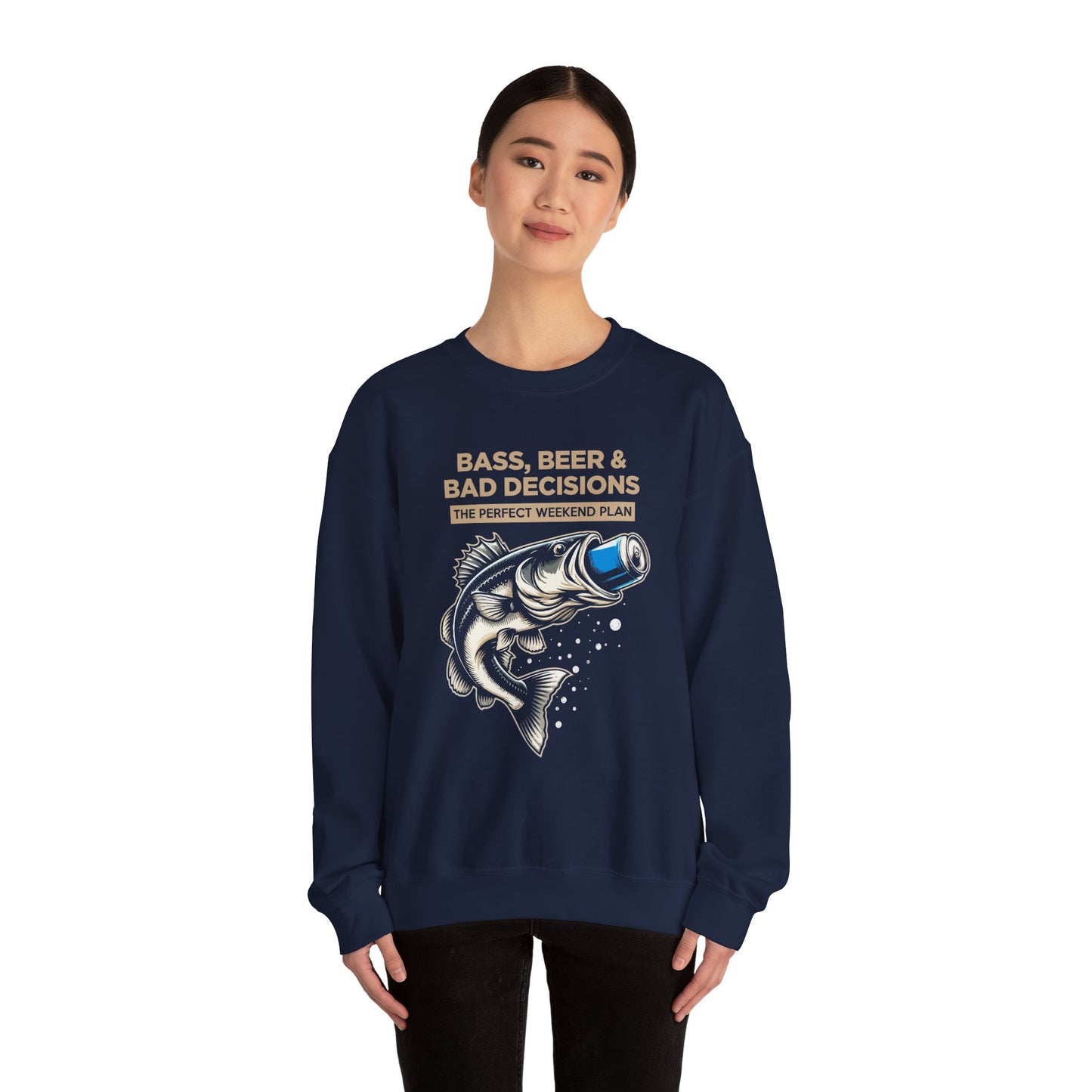 Sweatshirt — "Bass, Beer & Bad Decisions" Fishing Graphic Crewneck