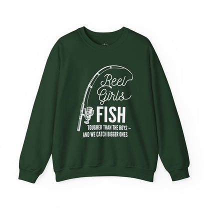 Fishing Sweatshirt — "Reel Girls Fish: Tougher Than the Boys" Crewneck for Women Anglers