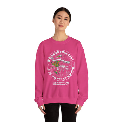 Fishing Crewneck Sweatshirt — “Weekend Forecast: 100% Chance of Fishing” Graphic