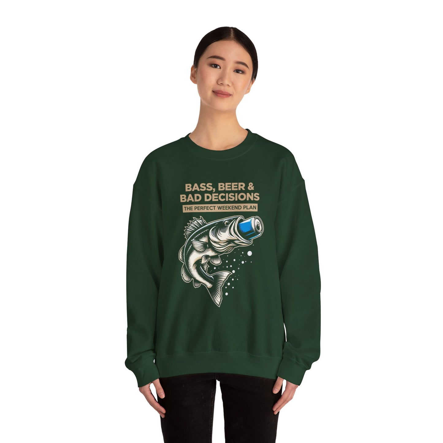 Sweatshirt — "Bass, Beer & Bad Decisions" Fishing Graphic Crewneck