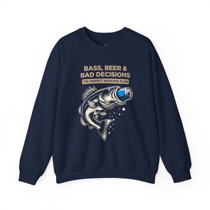 Sweatshirt — "Bass, Beer & Bad Decisions" Fishing Graphic Crewneck
