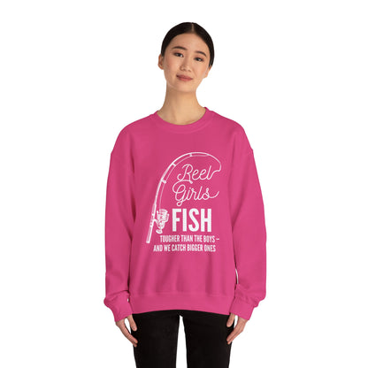Fishing Sweatshirt — "Reel Girls Fish: Tougher Than the Boys" Crewneck for Women Anglers
