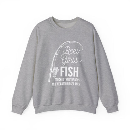 Fishing Sweatshirt — "Reel Girls Fish: Tougher Than the Boys" Crewneck for Women Anglers
