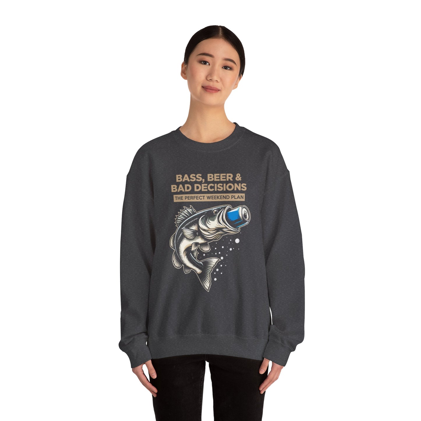 Sweatshirt — "Bass, Beer & Bad Decisions" Fishing Graphic Crewneck