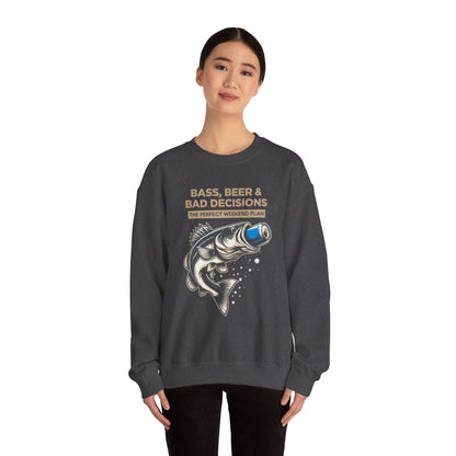 Sweatshirt — "Bass, Beer & Bad Decisions" Fishing Graphic Crewneck