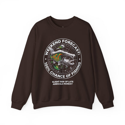 Fishing Crewneck Sweatshirt — “Weekend Forecast: 100% Chance of Fishing” Graphic