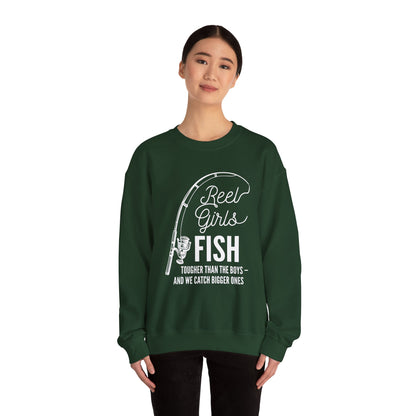 Fishing Sweatshirt — "Reel Girls Fish: Tougher Than the Boys" Crewneck for Women Anglers