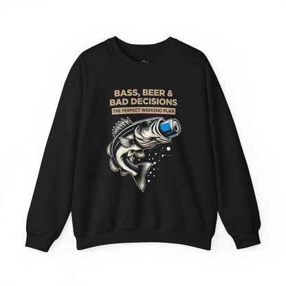 Sweatshirt — "Bass, Beer & Bad Decisions" Fishing Graphic Crewneck