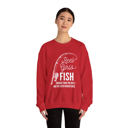 Fishing Sweatshirt — "Reel Girls Fish: Tougher Than the Boys" Crewneck for Women Anglers