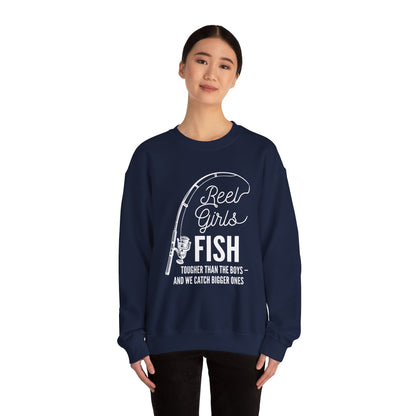 Fishing Sweatshirt — "Reel Girls Fish: Tougher Than the Boys" Crewneck for Women Anglers