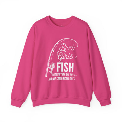 Fishing Sweatshirt — "Reel Girls Fish: Tougher Than the Boys" Crewneck for Women Anglers