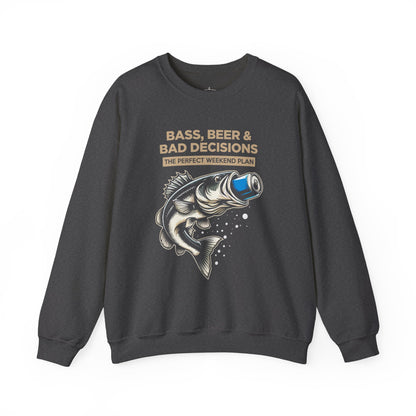 Sweatshirt — "Bass, Beer & Bad Decisions" Fishing Graphic Crewneck