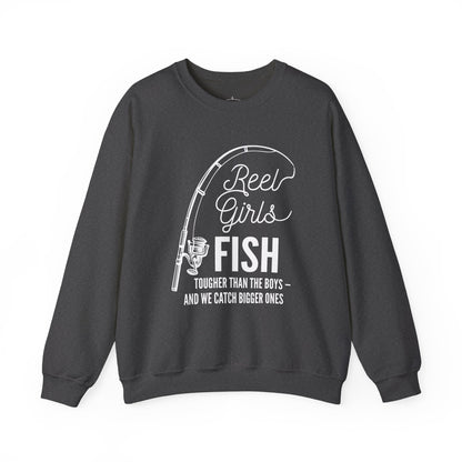 Fishing Sweatshirt — "Reel Girls Fish: Tougher Than the Boys" Crewneck for Women Anglers