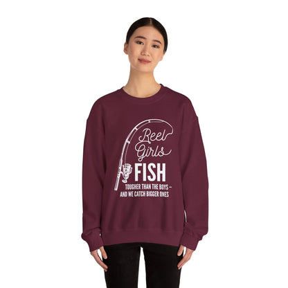 Fishing Sweatshirt — "Reel Girls Fish: Tougher Than the Boys" Crewneck for Women Anglers
