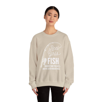 Fishing Sweatshirt — "Reel Girls Fish: Tougher Than the Boys" Crewneck for Women Anglers