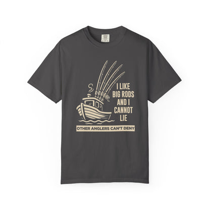 Fishing T-Shirt — "I Like Big Rods and I Cannot Lie" Graphic Tee for Anglers