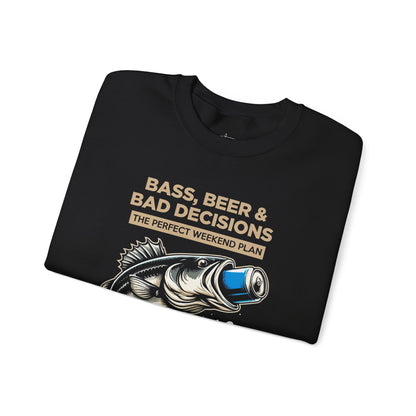 Sweatshirt — "Bass, Beer & Bad Decisions" Fishing Graphic Crewneck