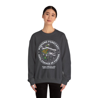Fishing Crewneck Sweatshirt — “Weekend Forecast: 100% Chance of Fishing” Graphic