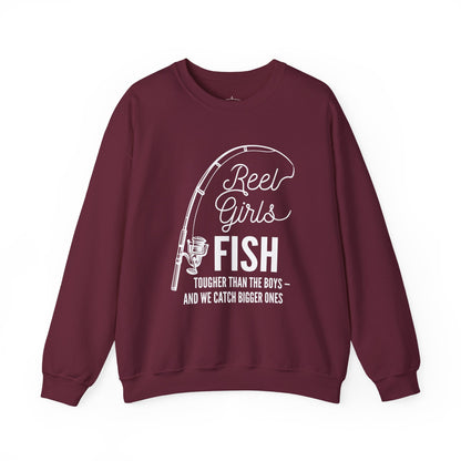Fishing Sweatshirt — "Reel Girls Fish: Tougher Than the Boys" Crewneck for Women Anglers