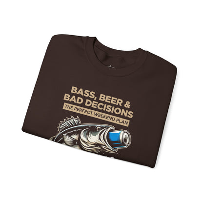 Sweatshirt — "Bass, Beer & Bad Decisions" Fishing Graphic Crewneck
